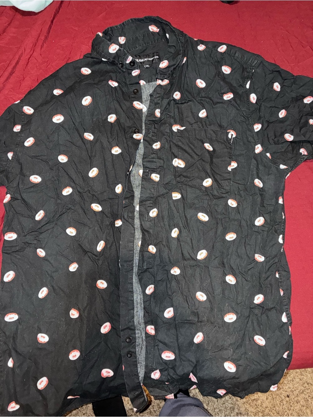 Men's Black Short-Sleeve Button-Down Shirt with Donut Motif